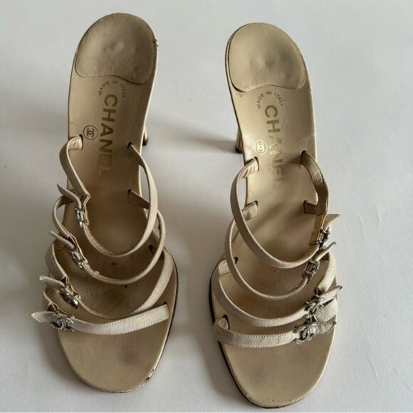 Rare Chanel Iconic "CC" Rhinestone Metallic Leather Sandal Heels size 40 - Picture 6 of 13